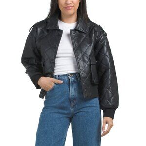 REBECCA MINKOFF Black Quilted Faux Leather Bomber Jacket